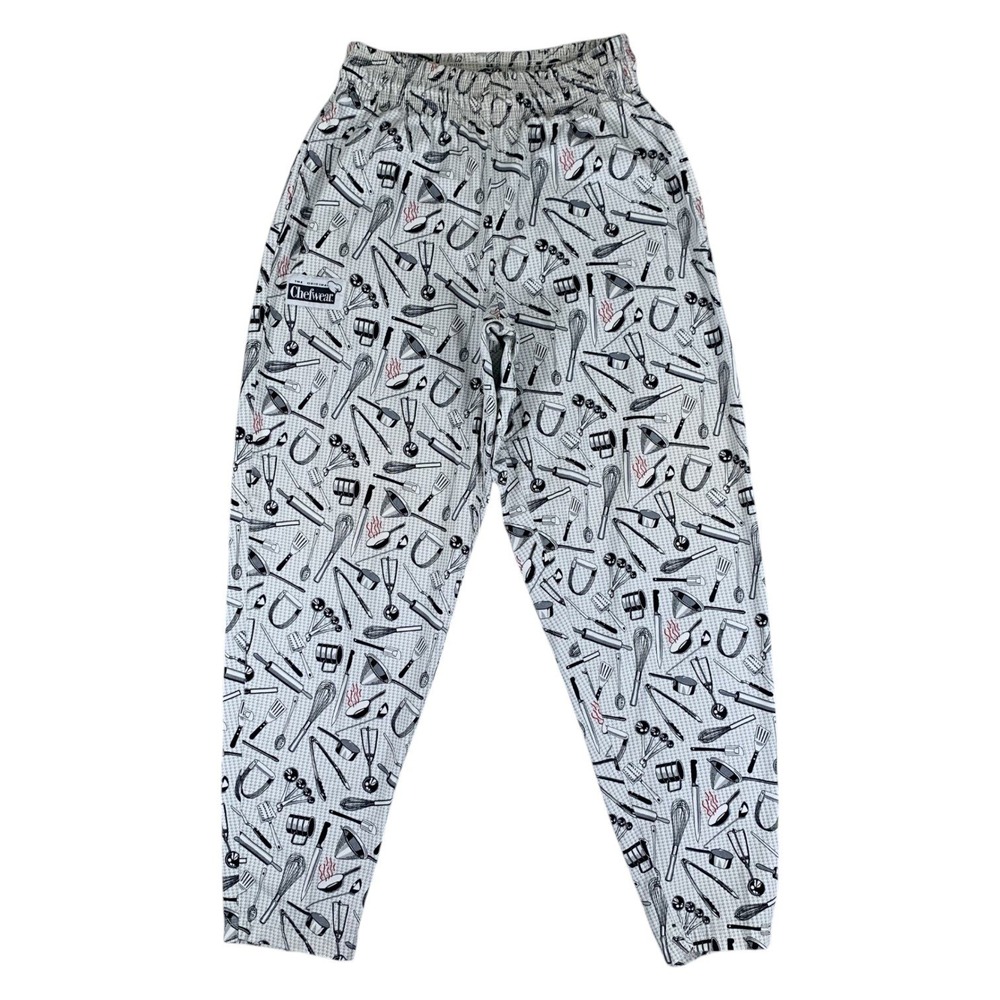 Vintage Chefwear Baggy Chef Pants Mens Size M White Kitchen Utensil Print